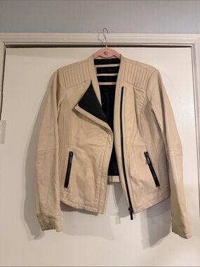 Zara Cream Asymmetrical Zip Leather Jacket